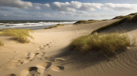 A coastal landscape with sand dunes and waves. Generative AIの素材