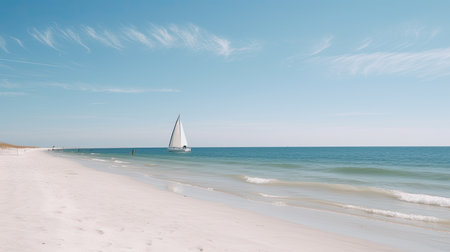 A beach scene with a sailboat on the horizon. Generative AIの素材