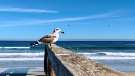 A beach scene with a seagull perched on a pier. Generative AIの素材