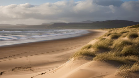 A coastal landscape with sand dunes and waves. Generative AIの素材
