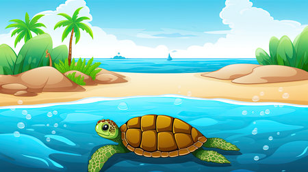 A beach scene with a sea turtle swimming in the water. Generative AIの素材
