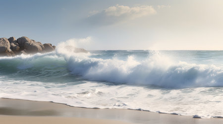 A beach scene with waves crashing on the shore. Generative AIの素材
