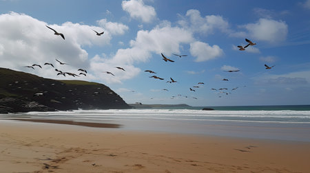 A beach scene with seagulls flying overhead. Generative AIの素材