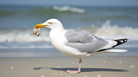 A beach scene with a seagull holding a clam in its beak. Generative AIの素材