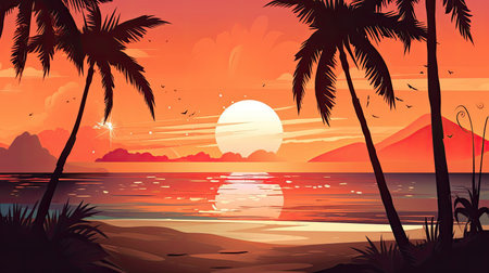 A beach scene with a sunset and palm trees. Generative AIの素材