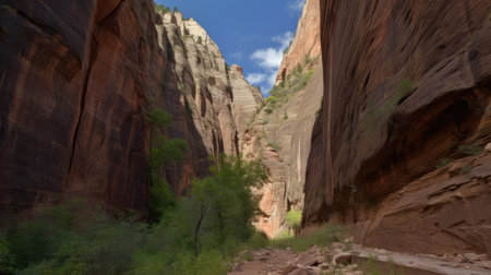 A canyon with steep rock walls. Generative AIの素材