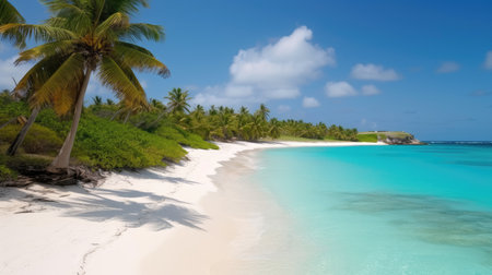 A beach with palm trees and turquoise water. Generative AIの素材