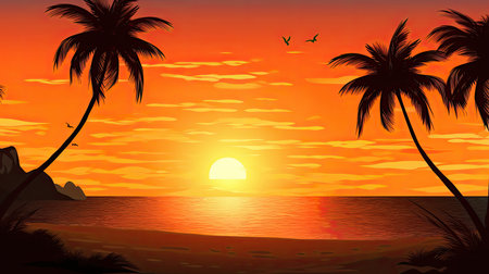 A beach scene with a sunset and palm trees. Generative AIの素材
