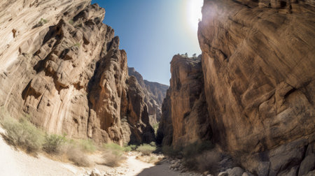A canyon with steep rock walls. Generative AIの素材