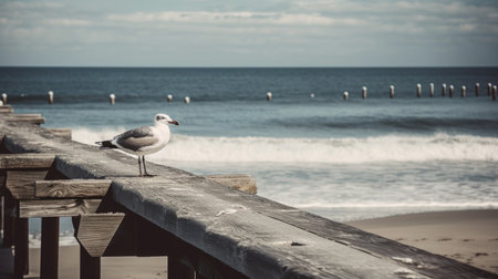 A beach scene with a seagull perched on a pier. Generative AIの素材