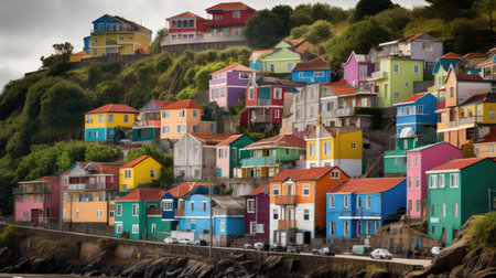 A coastal town with colorful buildings. Generative AIの素材