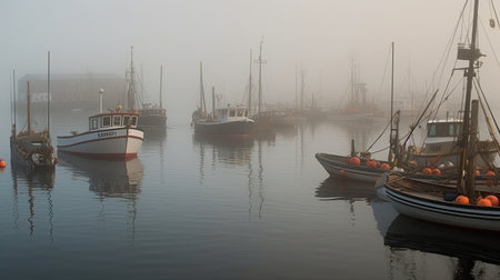 A foggy harbor with fishing boats. Generative AIの素材