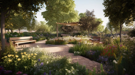 A garden with flowers trees and benches. Generative AIの素材