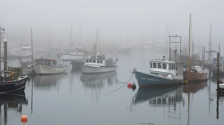 A foggy harbor with fishing boats. Generative AIの素材