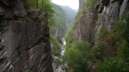 A gorge with steep rock walls. Generative AIの素材