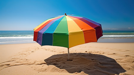 A colorful beach umbrella on a sandy beach. Generative AIの素材