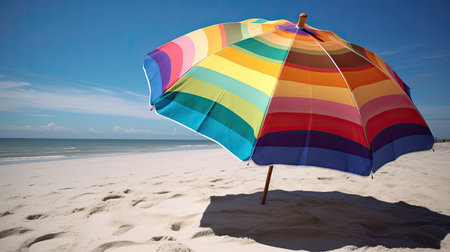 A colorful beach umbrella on a sandy beach. Generative AIの素材