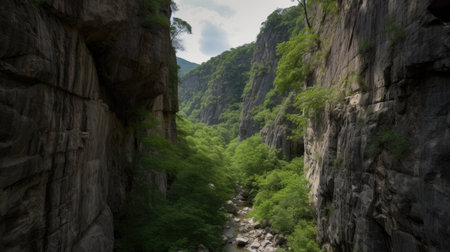 A gorge with steep rock walls. Generative AIの素材