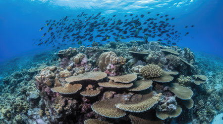 A coral reef with schools of fish. Generative AIの素材