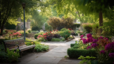 A garden with flowers trees and benches. Generative AIの素材