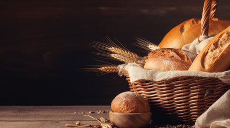 A basket of freshly baked bread. Web banner with copy space. Generative AIの素材