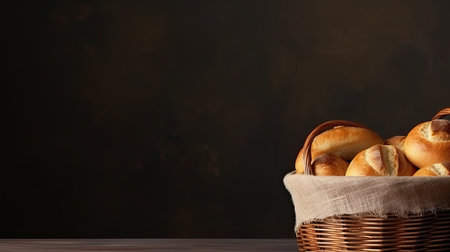 A basket of freshly baked rolls. Web banner with copy space. Generative AIの素材