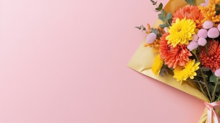 A bouquet of flowers with a tag, for Mothers Day, Birthday, Valentine's Day, romantic gift. Web banner with copy space. Generative AIの素材