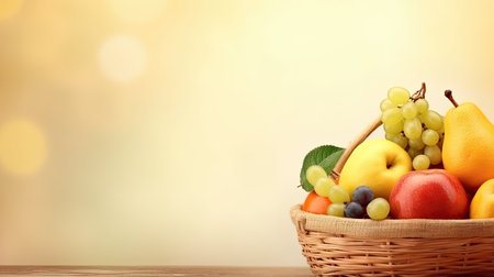 A basket of fresh fruit. Web banner with copy space. Generative AIの素材