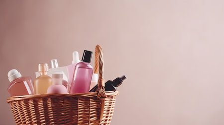 A basket of beauty products. Web banner with copy space. Generative AIの素材