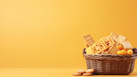 A basket of cheese and crackers. Web banner with copy space. Generative AIの素材