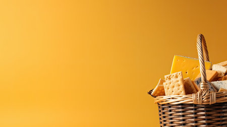A basket of cheese and crackers. Web banner with copy space. Generative AIの素材
