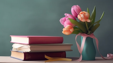 A stack of books with a flower vase. Web banner with copy space. Generative AIの素材