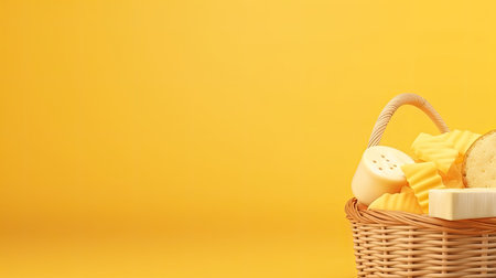 A basket of cheese and crackers. Web banner with copy space. Generative AIの素材