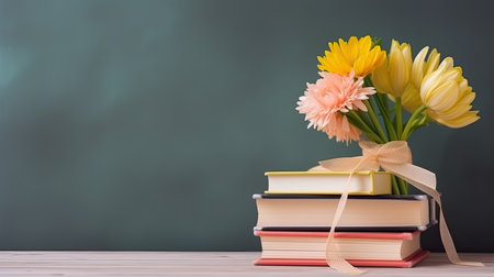 A stack of books with a flower vase. Web banner with copy space. Generative AIの素材