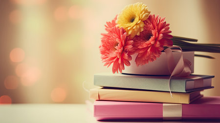 A stack of books with a flower vase. Web banner with copy space. Generative AIの素材