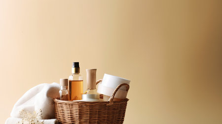 A basket of beauty products. Web banner with copy space. Generative AIの素材