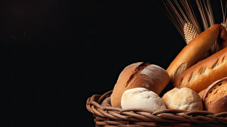 A basket of freshly baked bread. Web banner with copy space. Generative AIの素材