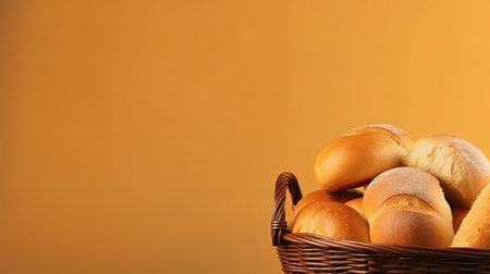 A basket of freshly baked rolls. Web banner with copy space. Generative AIの素材