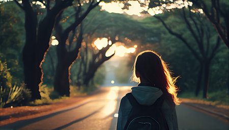 Asian tourist girl with a backpack stands alone on the road. Travel, trip adventure, tourism, freedom concept.. Generative AIの素材