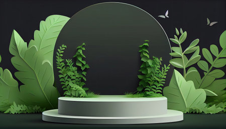 Eco product banner, podium platform, stage pedestal with green nature and tropical plant leaves, trees, 3d paper. Blank background for product advertising. Generative AIの素材