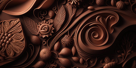 Close-up of delicious dark chocolates drops, cookie and dessert. Flat lay pattern on a brown background. Top view. Generative AIの素材