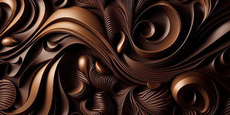Close-up of delicious dark chocolates drops, cookie and dessert. Flat lay pattern on a brown background. Top view. Generative AIの素材