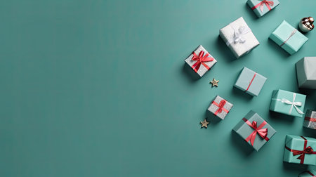 A collection of small gifts arranged in a decorative way. Web banner with copy space. Generative AIの素材