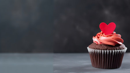 A cupcake with a heart-shaped decoration. Web banner with copy space. Generative AIの素材