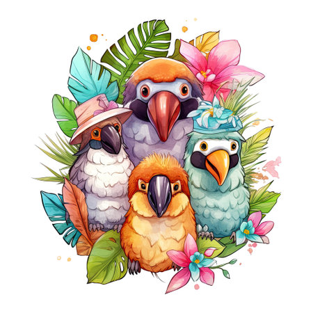 Watercolor exotic tropical birds family, summer, tourism, leaf illustration. Generative AIの素材