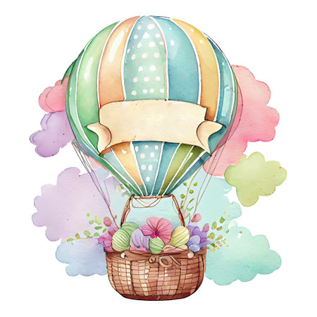 Watercolor hot air balloon in the sky, colorful vintage  illustration. Generative AIの素材