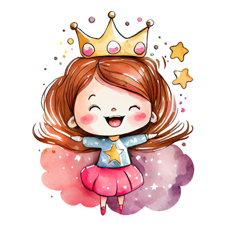 Watercolor cute princess, cartoon girl in dress illustration. Generative AIの素材
