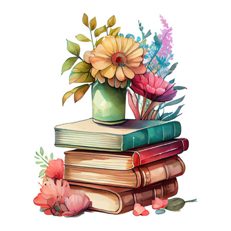 Watercolor stack of books with a flower vase illustration. Generative AIの素材