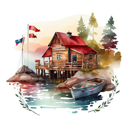 Watercolor fishing lodge, house on the lake illustration. Generative AIの素材