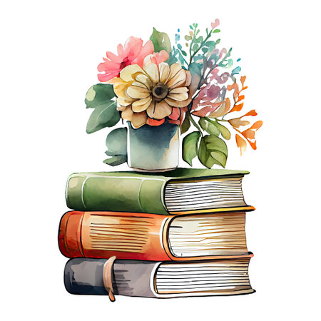 Watercolor stack of books with a flower vase illustration. Generative AIの素材